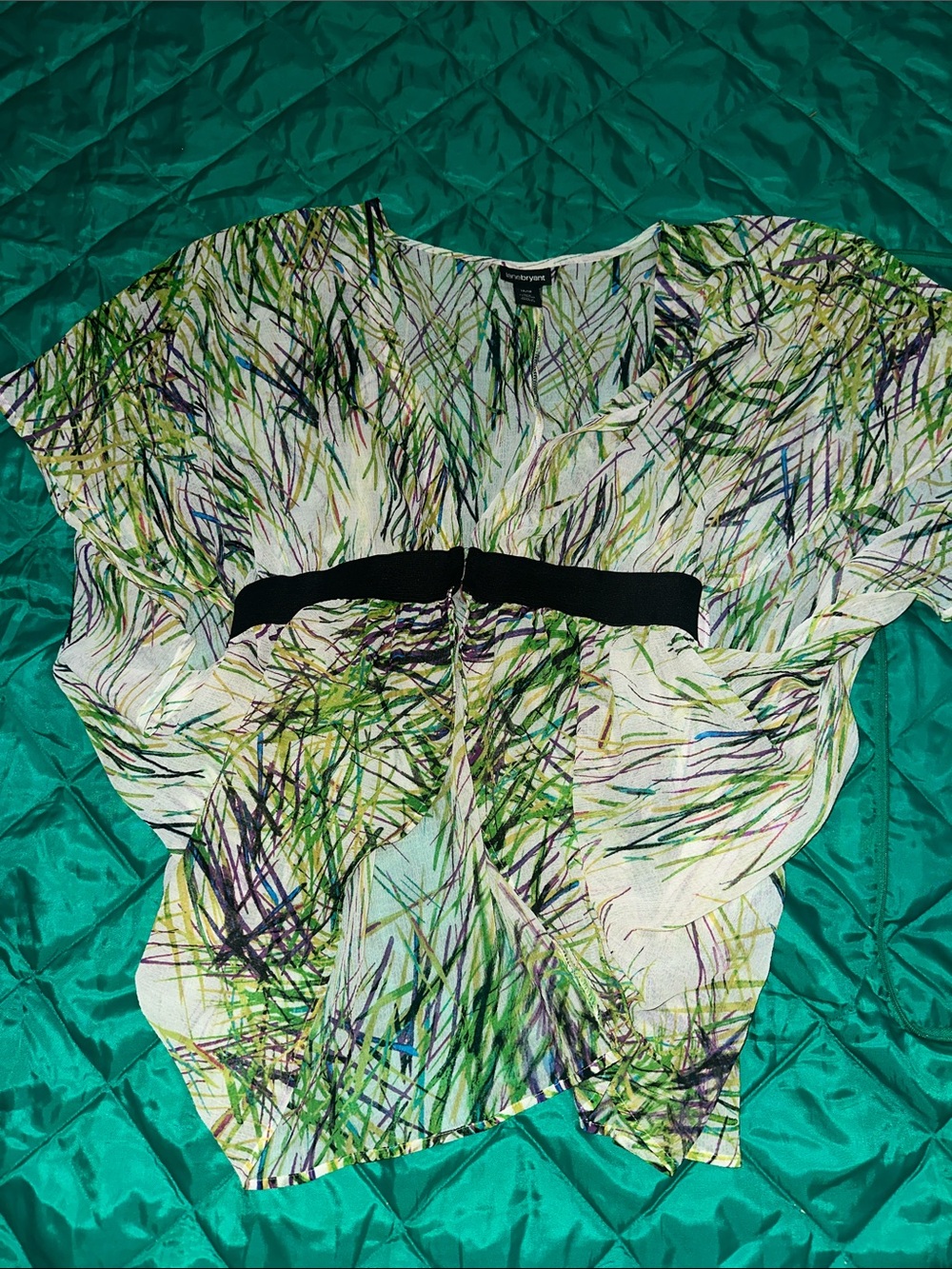 Lane Bryant Green Multi-Print V-Neck Blouse with Black Waistband